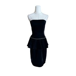 Vintage 80s A. J. Bari Saks Black Velvet Peplum Rhinestone Trim Strapless Dress